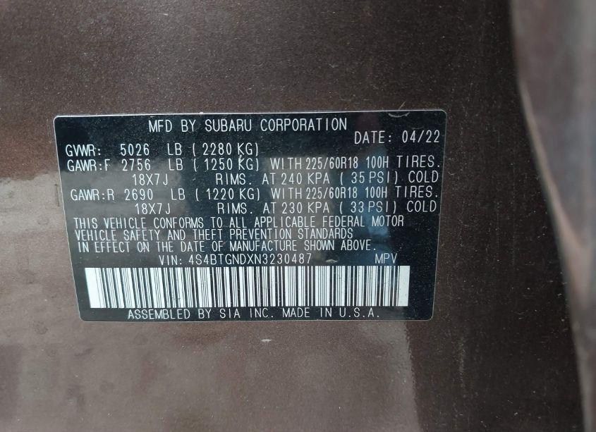 Photo 9 of 2022 Subaru Outback LIMITED XT (VIN 4S4BTGNDXN3230487)