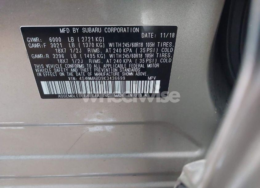 Photo 9 of 2019 Subaru Ascent PREMIUM (VIN 4S4WMABD9K3436699)