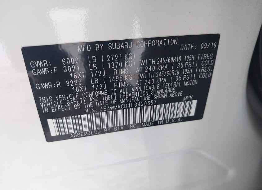 Photo 9 of 2020 Subaru Ascent PREMIUM (VIN 4S4WMACD1L3420657)