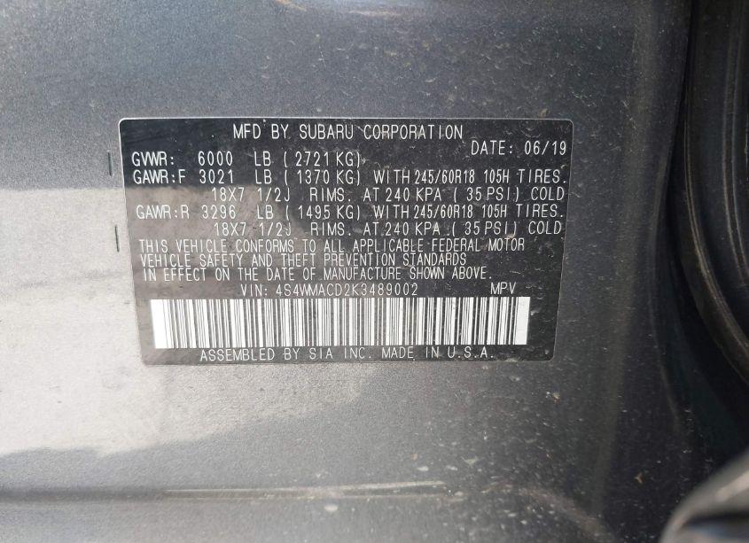 Photo 9 of 2019 Subaru Ascent PREMIUM (VIN 4S4WMACD2K3489002)