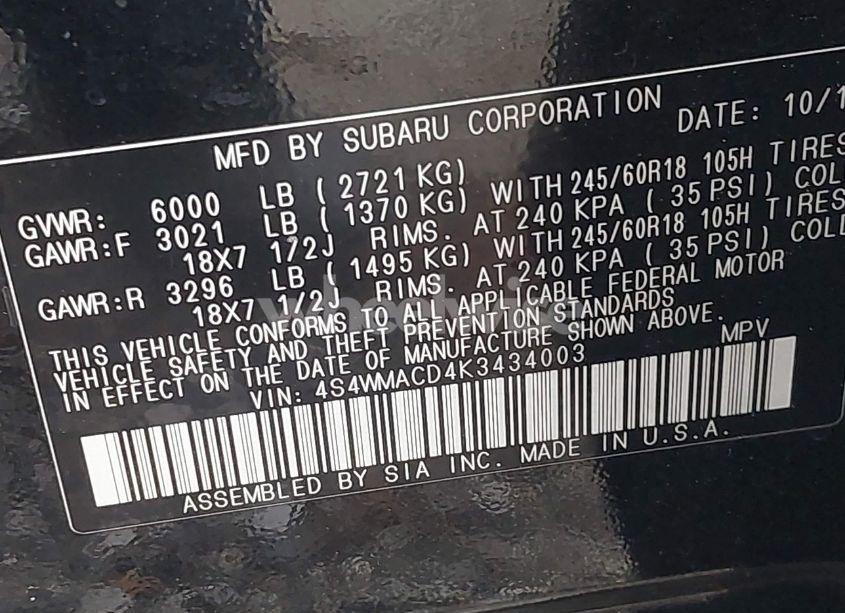 Photo 9 of 2019 Subaru Ascent PREMIUM (VIN 4S4WMACD4K3434003)