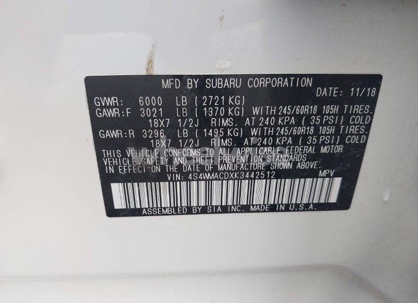 Photo 9 of 2019 Subaru Ascent PREMIUM (VIN 4S4WMACDXK3442512)