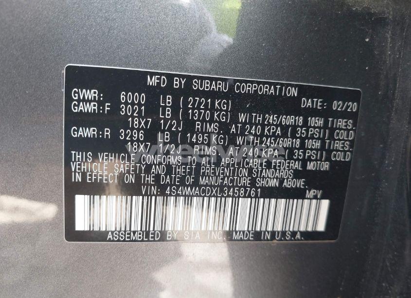 Photo 9 of 2020 Subaru Ascent PREMIUM (VIN 4S4WMACDXL3458761)