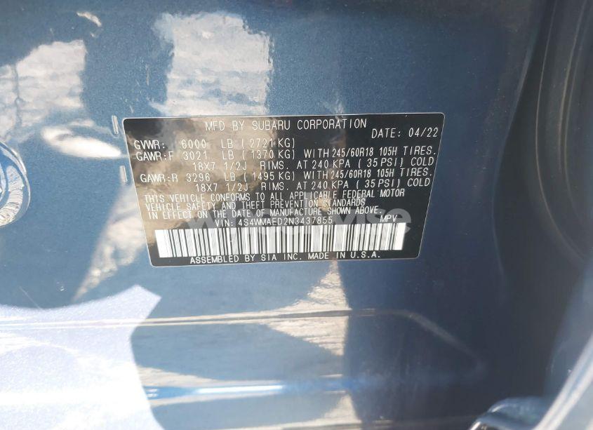 Photo 9 of 2022 Subaru Ascent PREMIUM (VIN 4S4WMAED2N3437855)