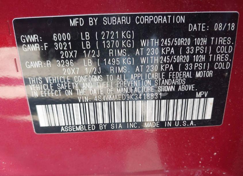 Photo 9 of 2019 Subaru Ascent PREMIUM (VIN 4S4WMAED9K3418831)