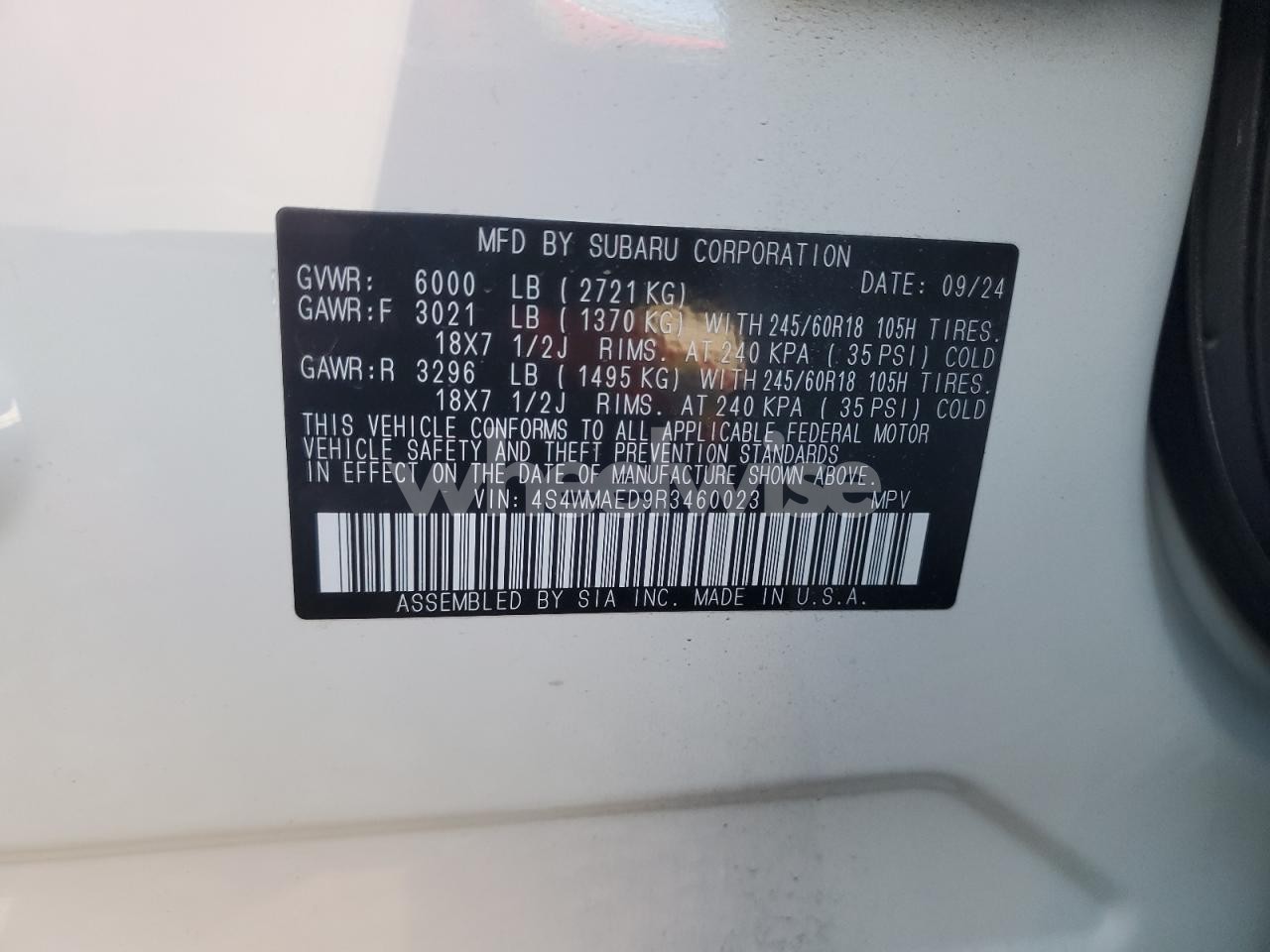 Photo 13 of 2024 SUBARU ASCENT PREMIUM (VIN 4S4WMAED9R3460023)