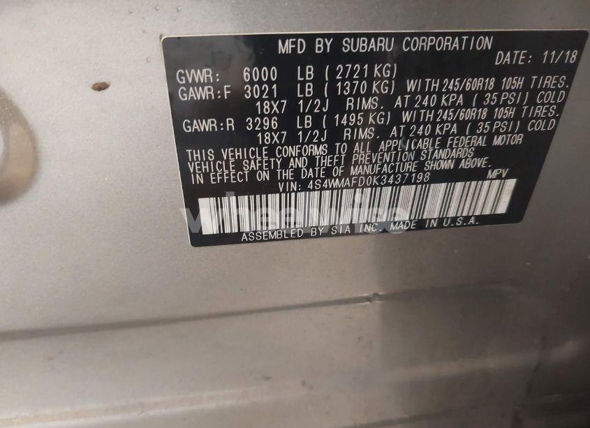 Photo 9 of 2019 Subaru Ascent PREMIUM (VIN 4S4WMAFD0K3437198)