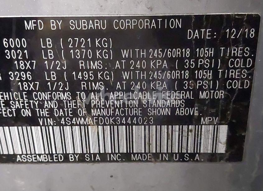 Photo 9 of 2019 Subaru Ascent PREMIUM (VIN 4S4WMAFD0K3444023)