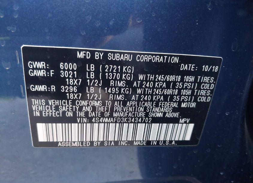 Photo 9 of 2019 Subaru Ascent PREMIUM (VIN 4S4WMAFD3K3434702)