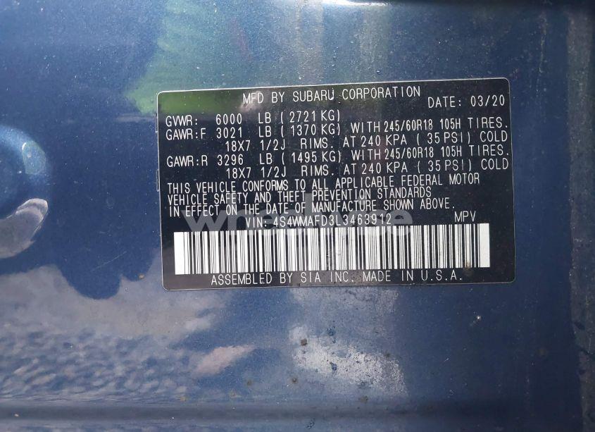 Photo 9 of 2020 Subaru Ascent PREMIUM (VIN 4S4WMAFD3L3463912)