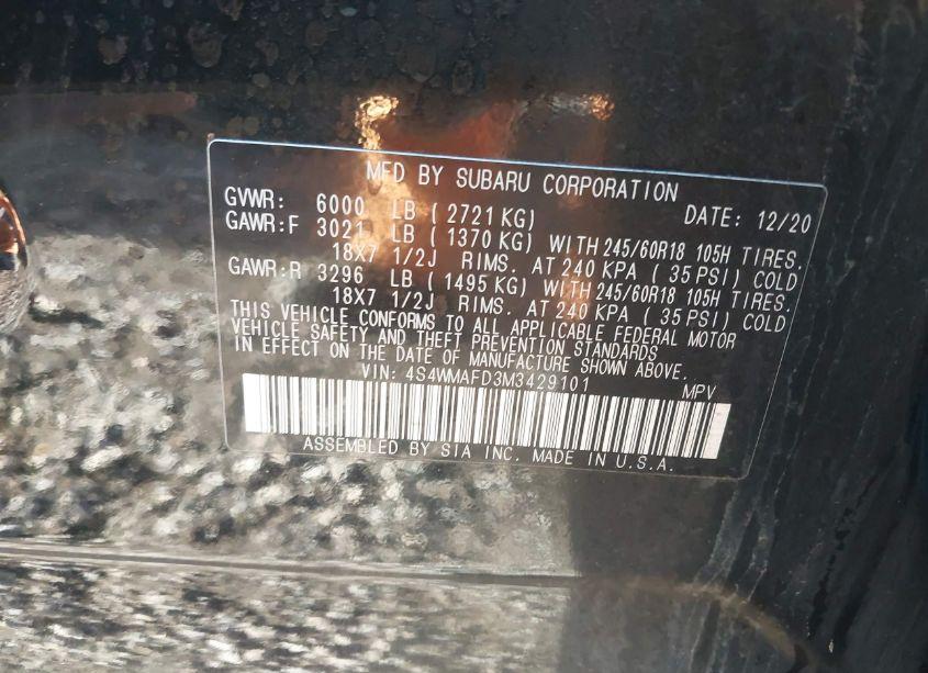 Photo 9 of 2021 Subaru Ascent PREMIUM (VIN 4S4WMAFD3M3429101)