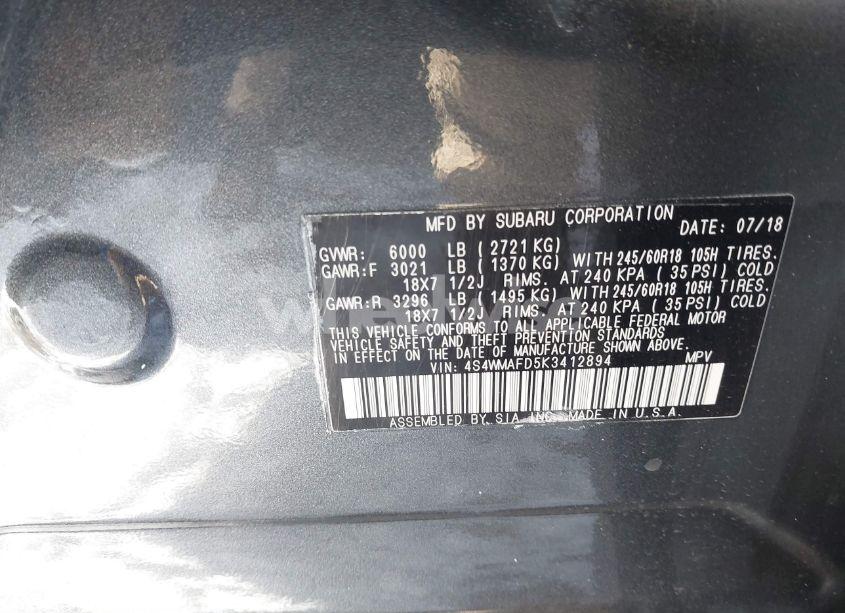 Photo 9 of 2019 Subaru Ascent PREMIUM (VIN 4S4WMAFD5K3412894)