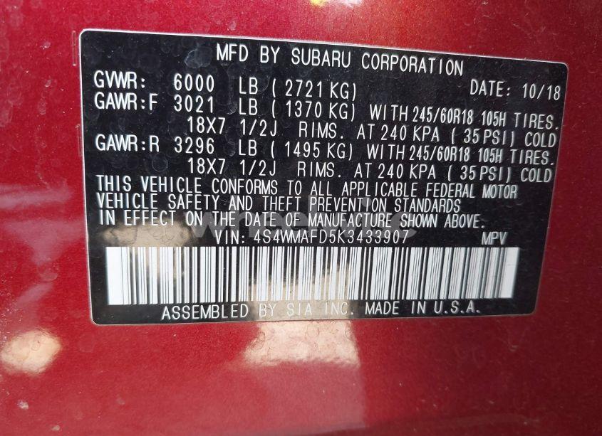 Photo 9 of 2019 Subaru Ascent PREMIUM (VIN 4S4WMAFD5K3433907)