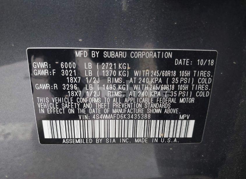 Photo 9 of 2019 Subaru Ascent PREMIUM (VIN 4S4WMAFD6K3435388)