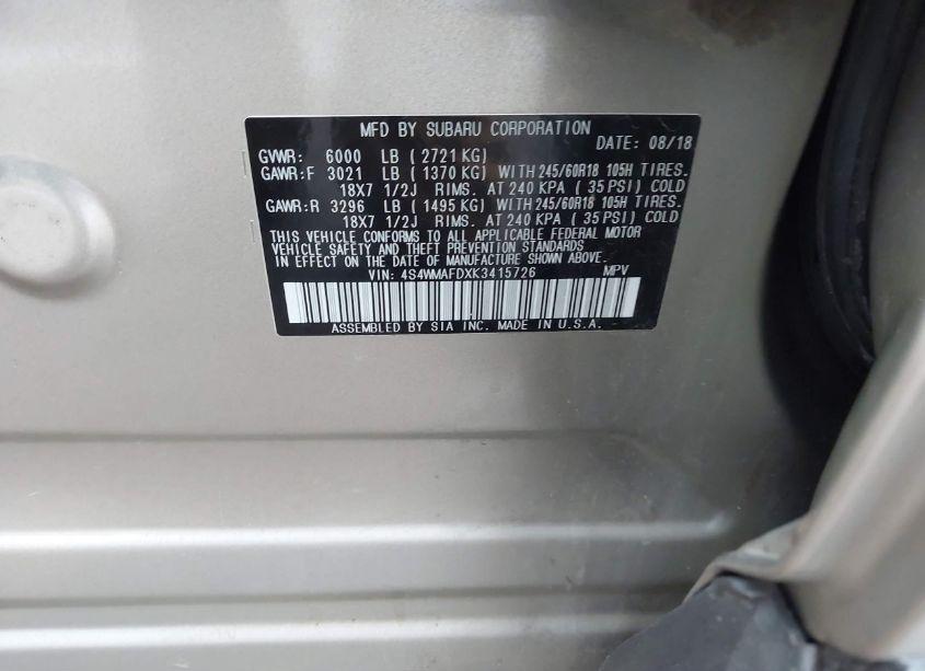 Photo 9 of 2019 Subaru Ascent PREMIUM (VIN 4S4WMAFDXK3415726)