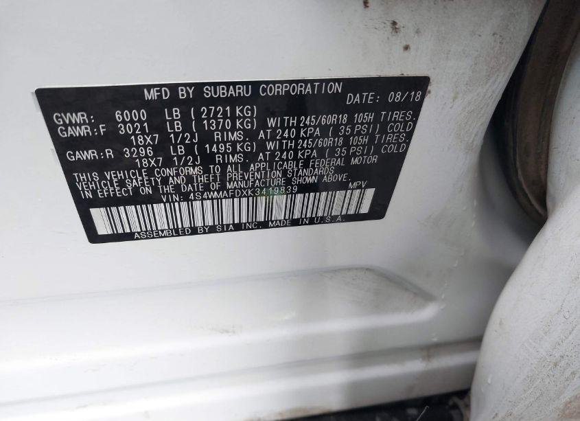 Photo 9 of 2019 Subaru Ascent PREMIUM (VIN 4S4WMAFDXK3419839)