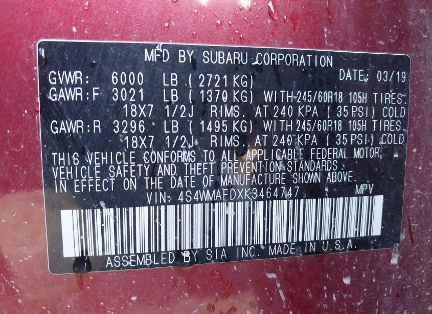 Photo 9 of 2019 Subaru Ascent PREMIUM (VIN 4S4WMAFDXK3464747)