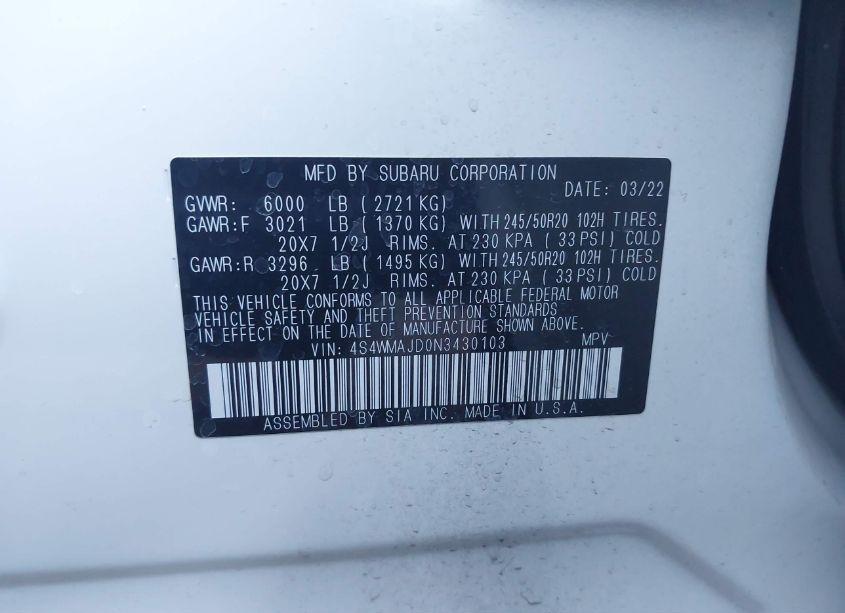 Photo 9 of 2022 Subaru Ascent ONYX EDITION (VIN 4S4WMAJD0N3430103)