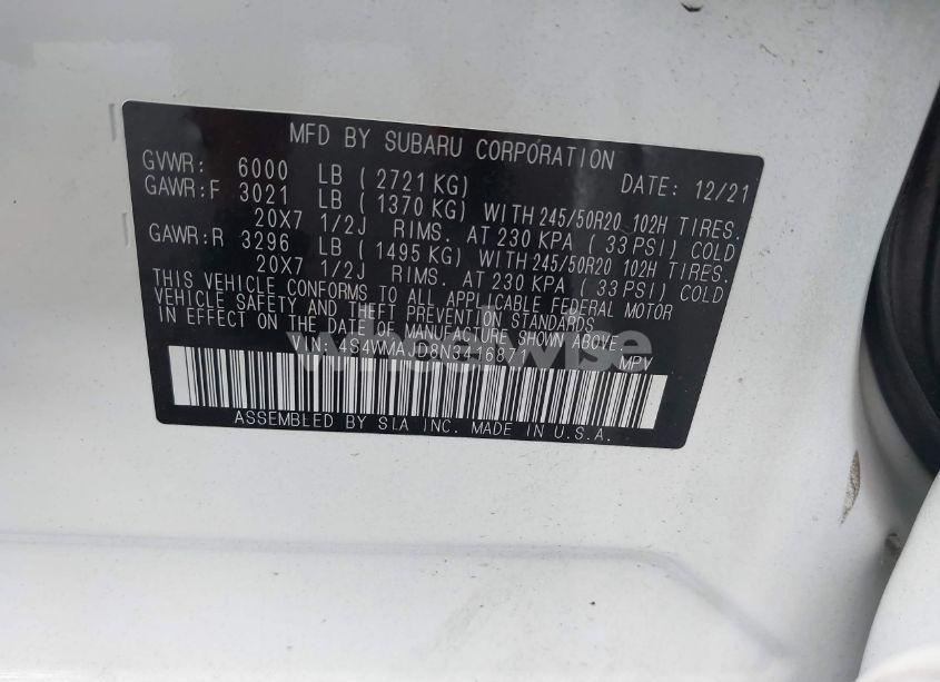 Photo 9 of 2022 Subaru Ascent ONYX EDITION (VIN 4S4WMAJD8N3416871)