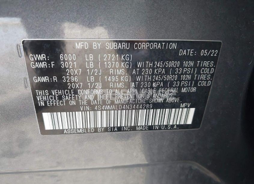 Photo 9 of 2022 Subaru Ascent LIMITED (VIN 4S4WMALD4N3444289)