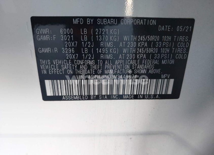 Photo 9 of 2021 Subaru Ascent LIMITED (VIN 4S4WMAMD3M3449674)