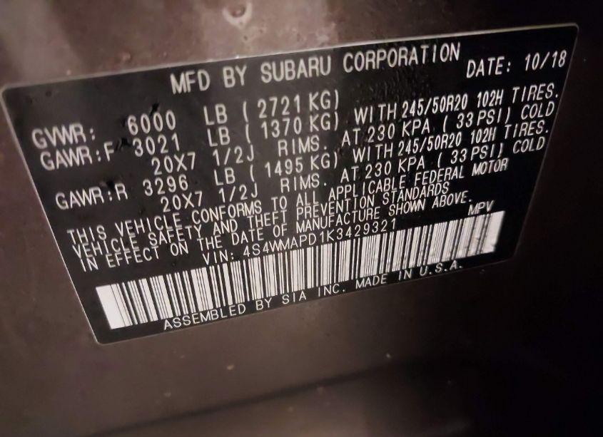 Photo 9 of 2019 Subaru Ascent LIMITED (VIN 4S4WMAPD1K3429321)