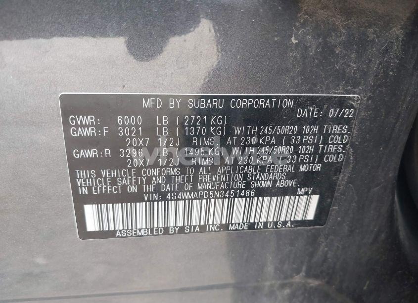 Photo 9 of 2022 Subaru Ascent LIMITED (VIN 4S4WMAPD5N3451486)