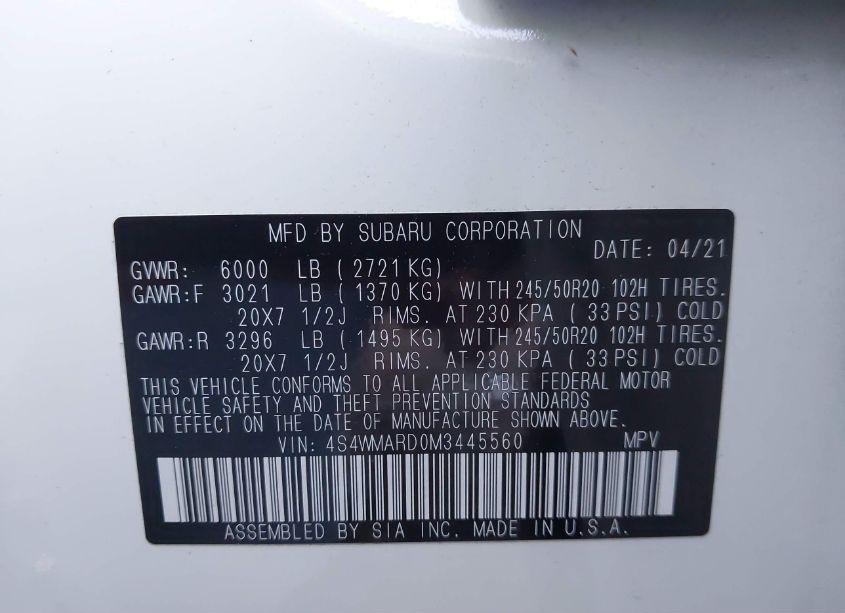 Photo 9 of 2021 Subaru Ascent TOURING (VIN 4S4WMARD0M3445560)