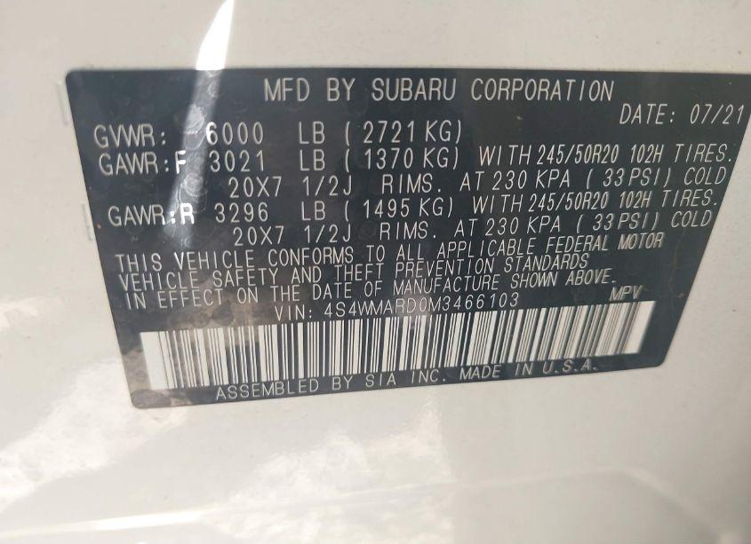 Photo 9 of 2021 Subaru Ascent TOURING (VIN 4S4WMARD0M3466103)