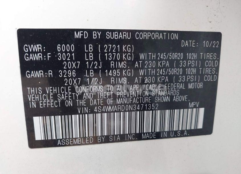 Photo 9 of 2022 Subaru Ascent TOURING (VIN 4S4WMARD0N3471352)