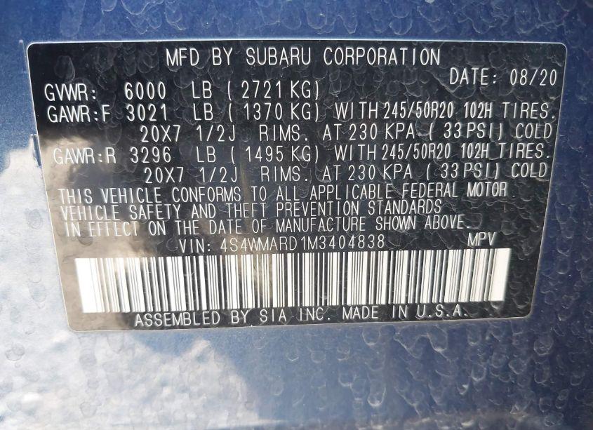 Photo 9 of 2021 Subaru Ascent TOURING (VIN 4S4WMARD1M3404838)