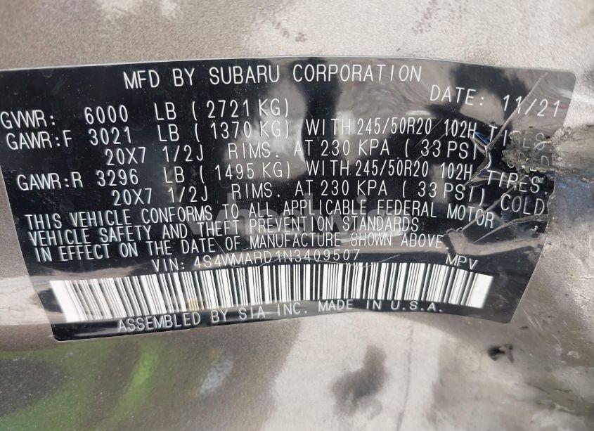 Photo 9 of 2022 Subaru Ascent TOURING (VIN 4S4WMARD1N3409507)