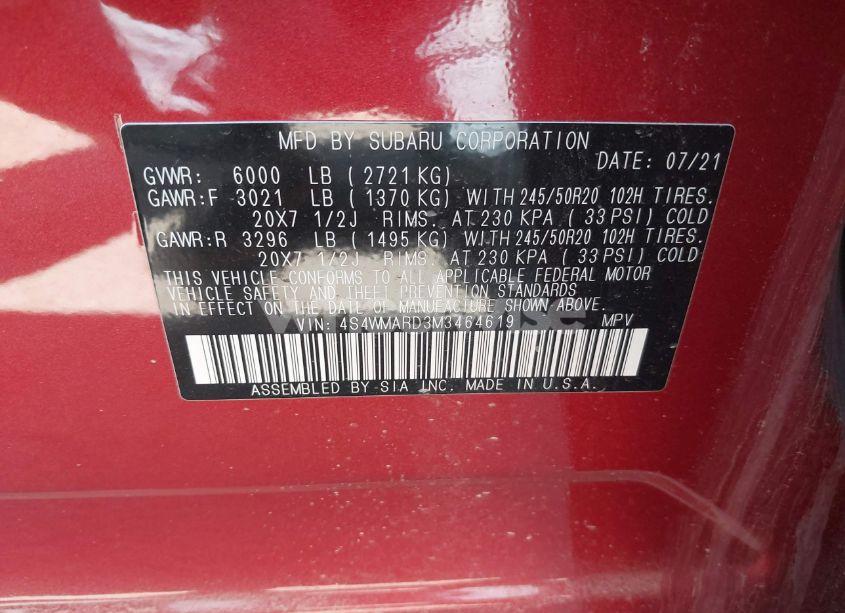 Photo 9 of 2021 Subaru Ascent TOURING (VIN 4S4WMARD3M3464619)