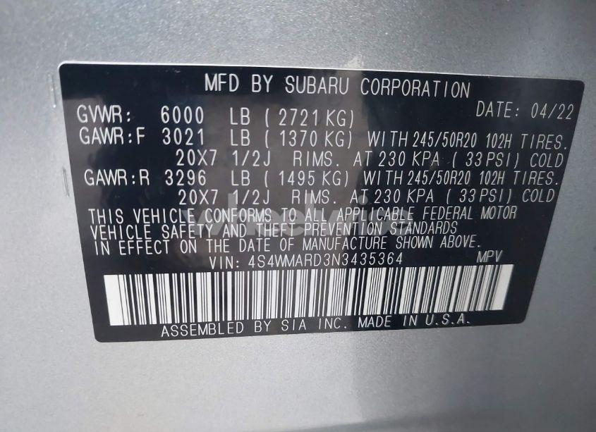 Photo 9 of 2022 Subaru Ascent TOURING (VIN 4S4WMARD3N3435364)