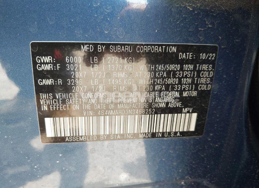 Photo 9 of 2022 Subaru Ascent TOURING (VIN 4S4WMARD3N3468252)