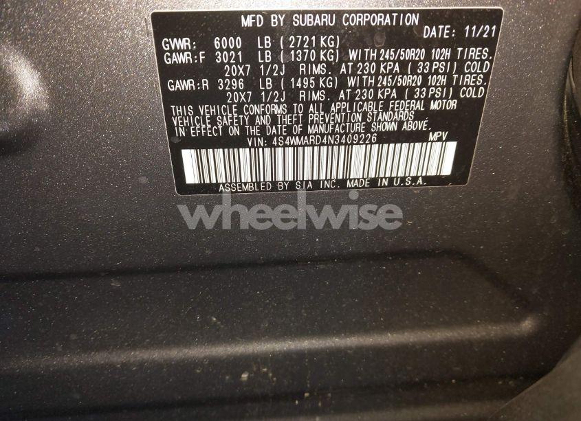 Photo 7 of 2022 Subaru Ascent TOURING (VIN 4S4WMARD4N3409226)