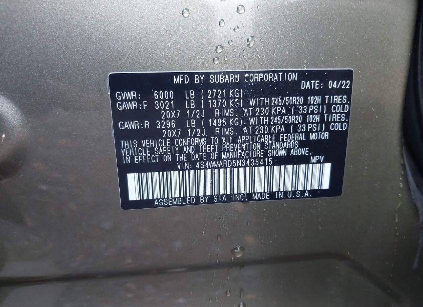 Photo 9 of 2022 Subaru Ascent TOURING (VIN 4S4WMARD5N3435415)