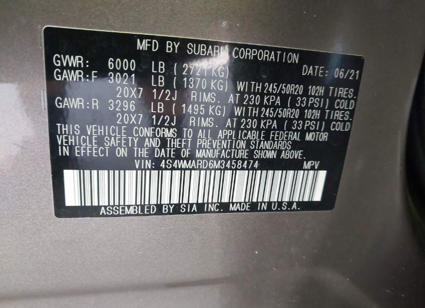 Photo 9 of 2021 Subaru Ascent TOURING (VIN 4S4WMARD6M3458474)