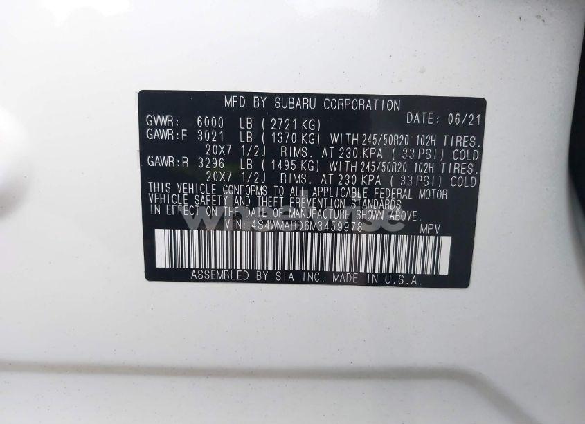 Photo 9 of 2021 Subaru Ascent TOURING (VIN 4S4WMARD6M3459978)