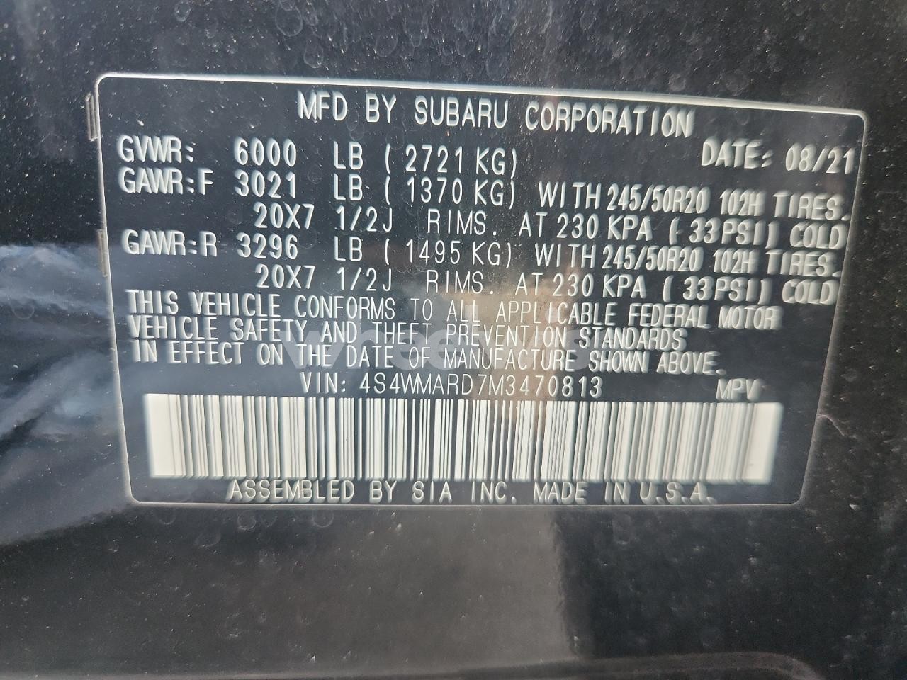 Photo 14 of 2021 SUBARU ASCENT TOURING (VIN 4S4WMARD7M3470813)