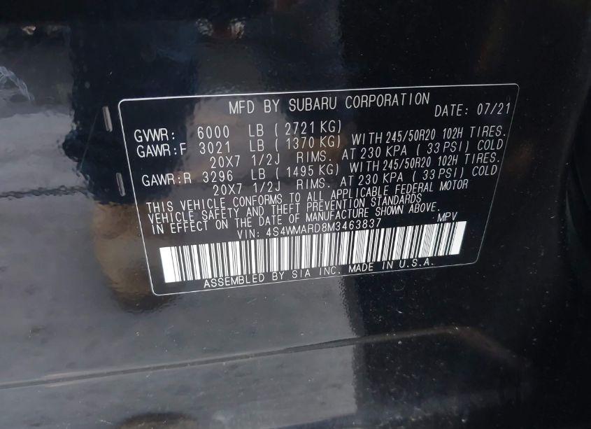 Photo 9 of 2021 Subaru Ascent TOURING (VIN 4S4WMARD8M3463837)