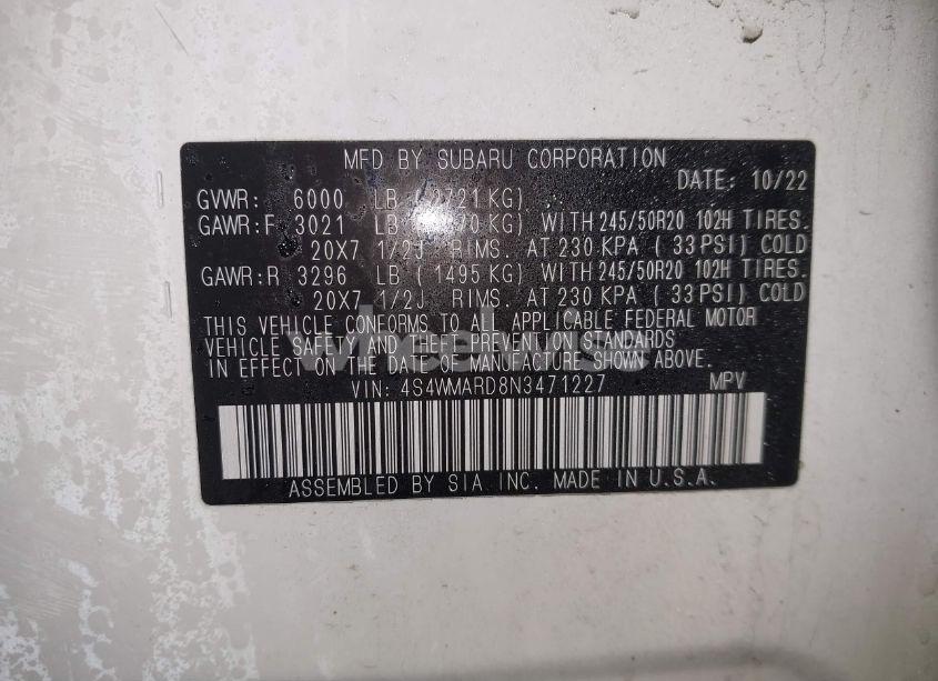 Photo 9 of 2022 Subaru Ascent TOURING (VIN 4S4WMARD8N3471227)