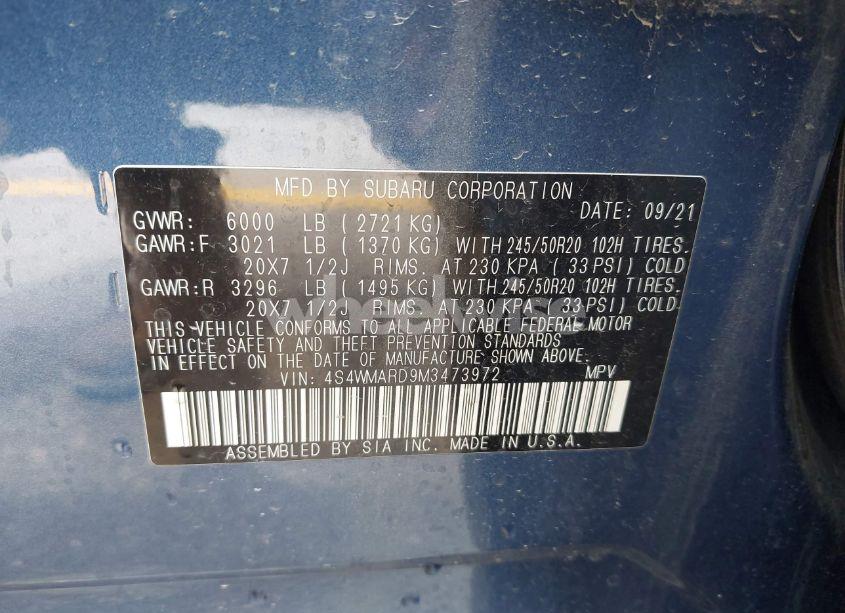 Photo 9 of 2021 Subaru Ascent TOURING (VIN 4S4WMARD9M3473972)