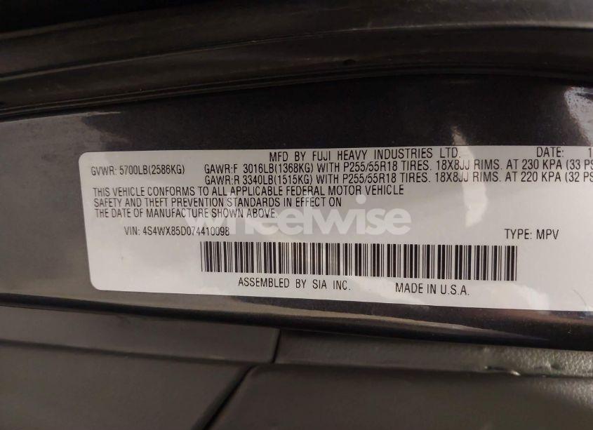 Photo 9 of 2007 Subaru B9 TRIBECA LIMITED 7-PASSENGER (VIN 4S4WX85D074410098)
