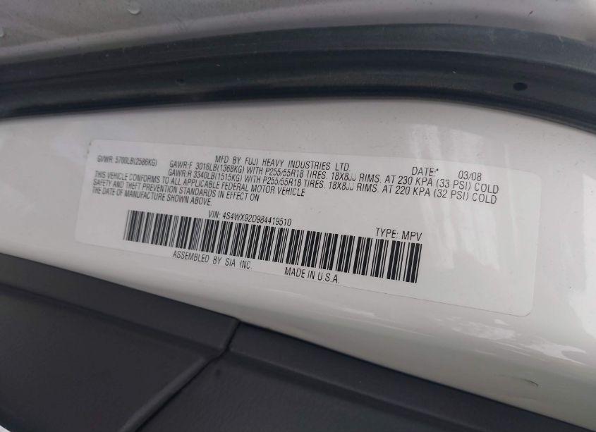 Photo 9 of 2008 Subaru Tribeca LIMITED 5-PASSENGER (VIN 4S4WX92D984419510)