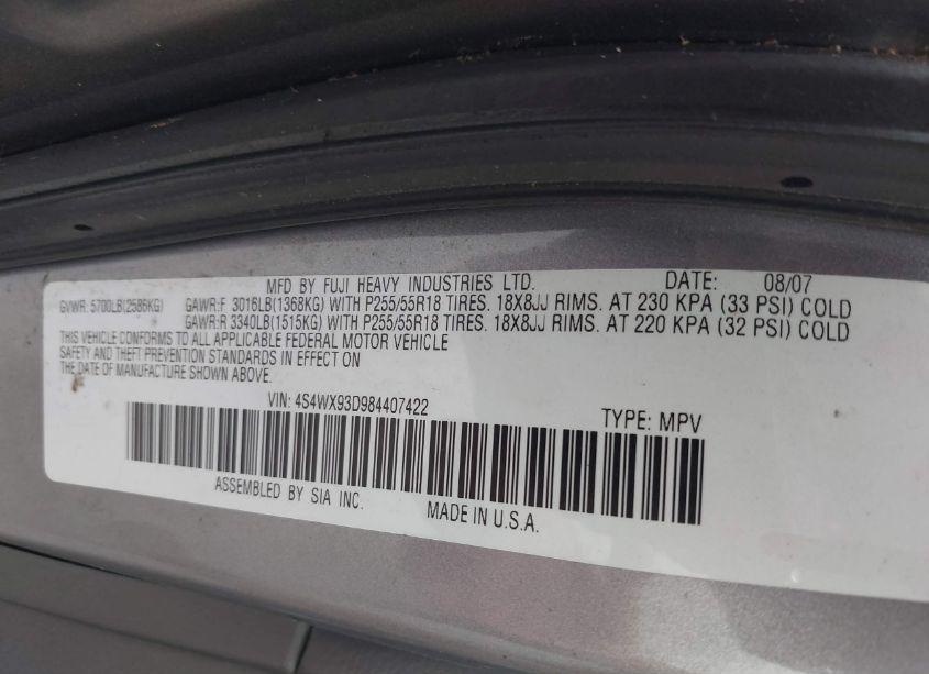 Photo 9 of 2008 Subaru Tribeca LIMITED 5-PASSENGER (VIN 4S4WX93D984407422)