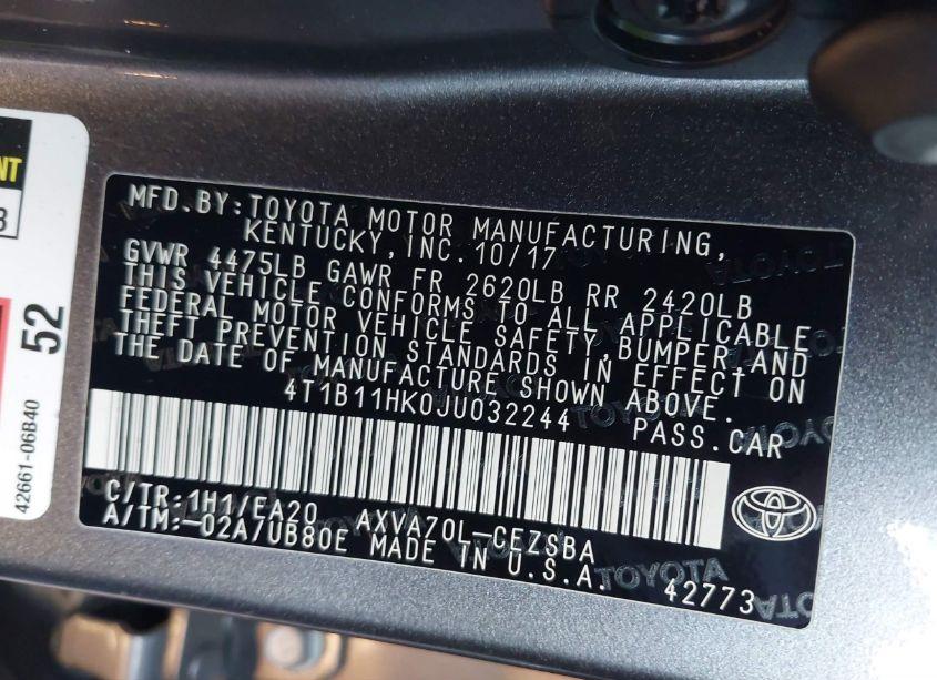 Photo 9 of 2018 Toyota Camry SE (VIN 4T1B11HK0JU032244)