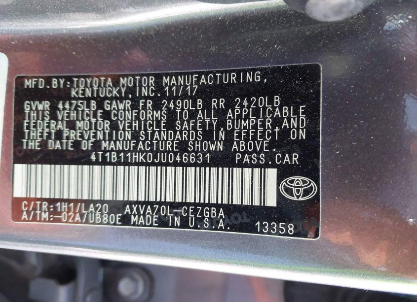 Photo 9 of 2018 Toyota Camry XLE (VIN 4T1B11HK0JU046631)