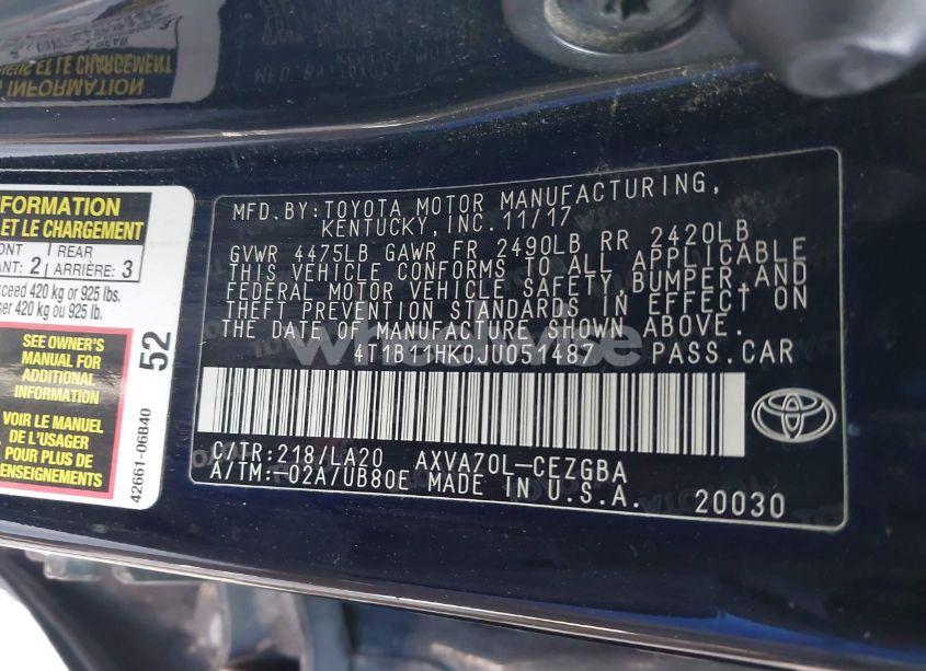 Photo 9 of 2018 Toyota Camry XLE (VIN 4T1B11HK0JU051487)