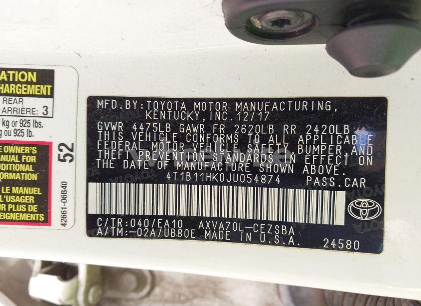 Photo 9 of 2018 Toyota Camry SE (VIN 4T1B11HK0JU054874)